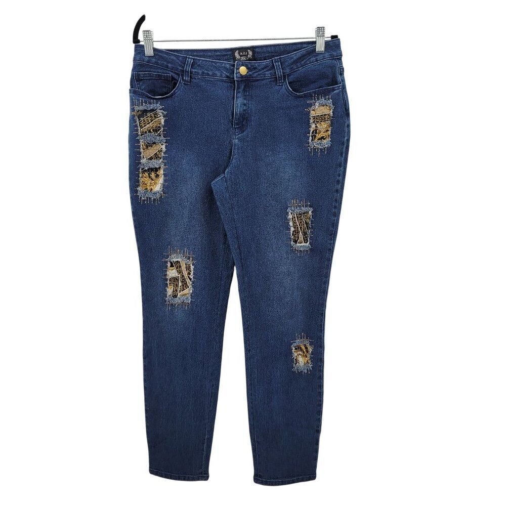 A.Z.I Womens Distressed Skinny Jeans Sz 10 Stretch Blue Denim Gold Patchwork - Picture 4 of 10